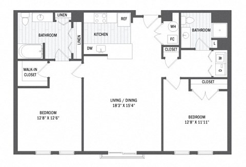 Floor plan for 2 beds, 2 baths, 996 sqft